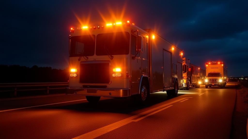 Portales service truck with emergency lights active at night