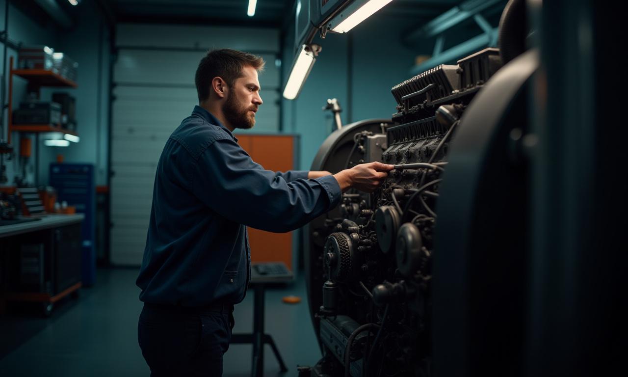 Mechanic working on a semi truck engine in a commercial garage