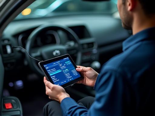 A technician using a diagnostic tablet connected to a car's OBD-II port.
