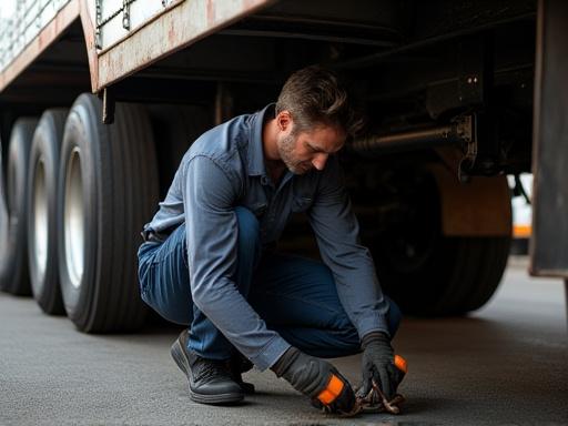 Mechanic adjusting air brakes under a trailer
