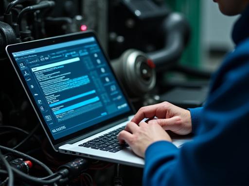 Laptop connected to heavy truck ECM for diagnostics